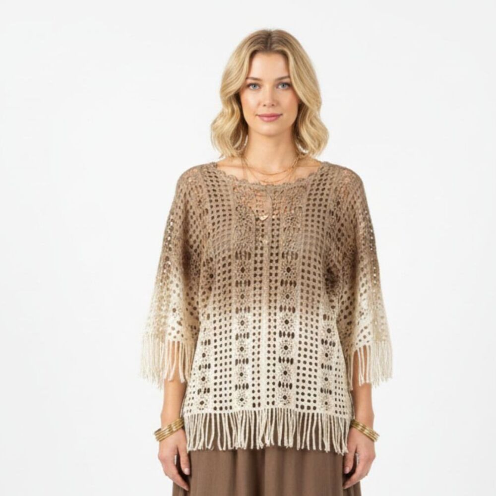 Haute Hippie Tan Sheer Short Sleeve Crochet Lace Fringe Blouse Top OS